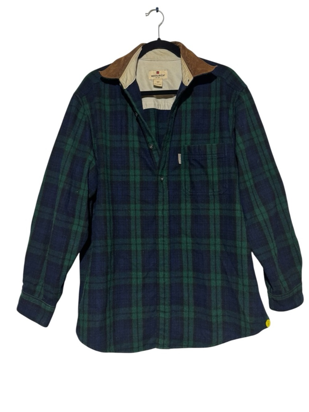 Woolrich Wool Leather Plaid Shirt Men Size‎ Large Elbow Patches Vintage Fall
